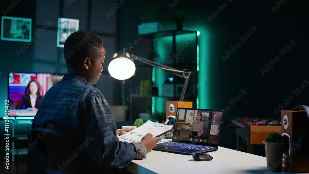 Poster employee working from home doing business meeting videocall with manager requesting to see financial