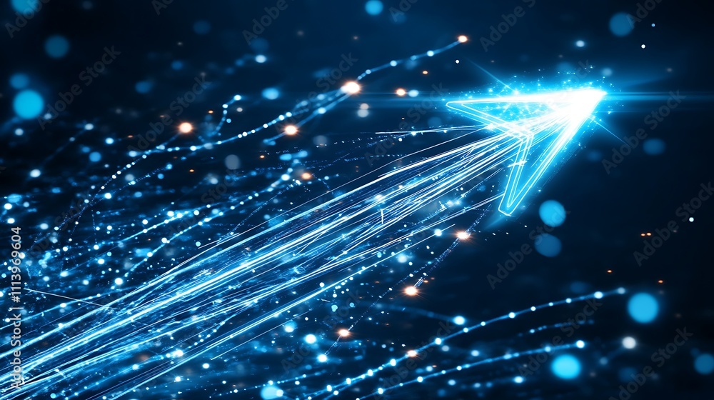 Poster dynamic blue arrow moving forward with light trails in a digital background