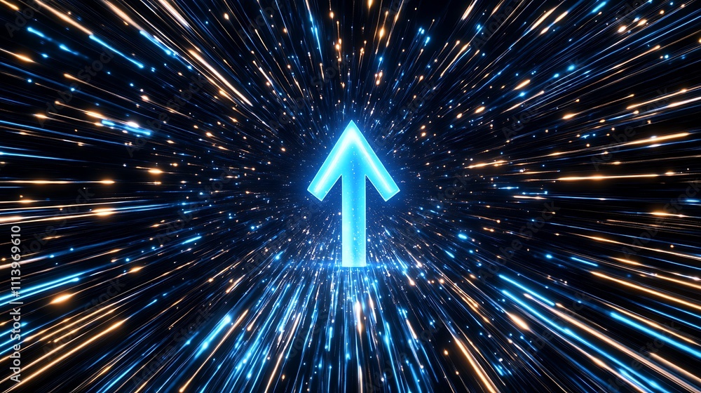 Poster dynamic blue arrow moving forward with light trails in a digital background