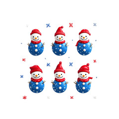 Six Adorable 3D Rendered Snowmen with Red Hats and Blue Bodies Decorated with White Stars Against a