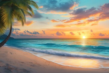Serene beach at sunset with palm tree and gentle waves.