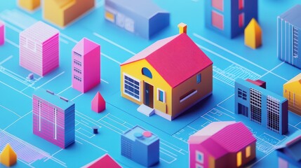 Colorful low-poly model houses and buildings on a blueprint.