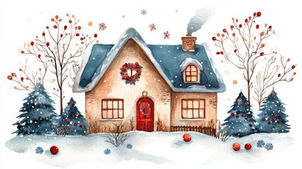 Naklejka premium Cozy Winter House in Snowy Wonderland