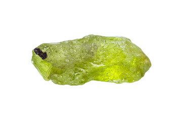 Natural rough Peridot (Chrysolite) gemstone on white background (Olivine mineral)(selective focus)