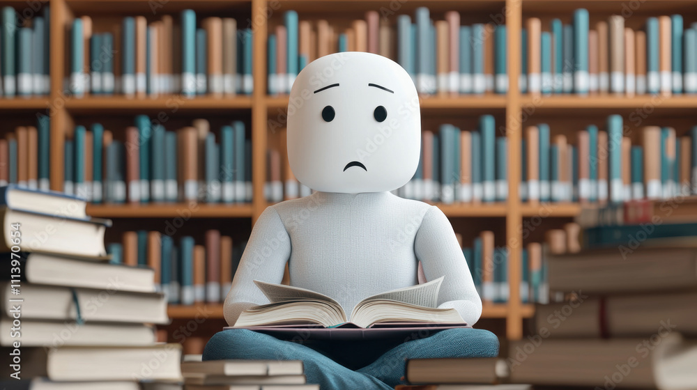 Poster memory loss. a humanoid figure looks concerned while reading in a library surrounded by books, showc
