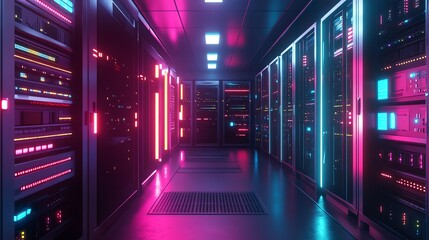Fototapeta premium A long, narrow hallway lined with servers, glowing in a pink and blue light.