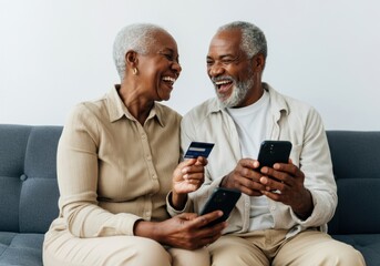 Cheerful retired couple laughing while shopping online using credit card and smartphone at home