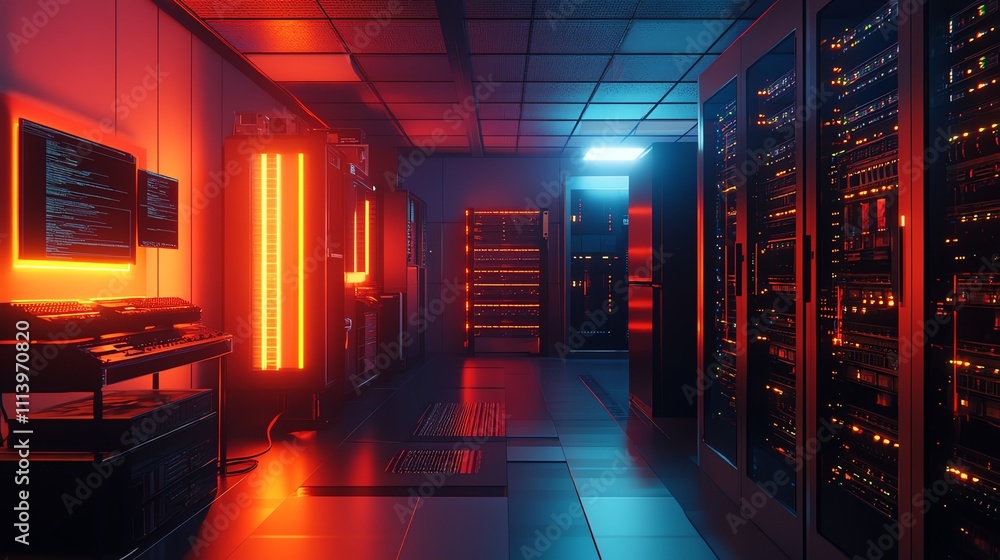 Poster a long hallway in a server room with rows of computer servers.