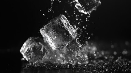 ice cubes with water particles splash in motion air, on black background for overlay, Generative Ai