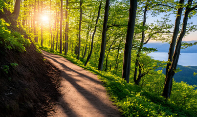 Obraz premium Serene sunset trail through lush green forest, overlooking a tranquil lake. Perfect for relaxation, nature, and travel themes.