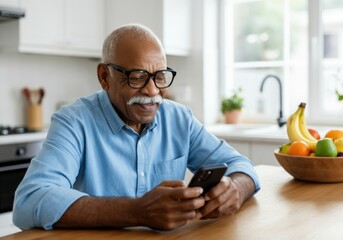 Happy senior man using a smartphone in his kitchen, embracing modern technology