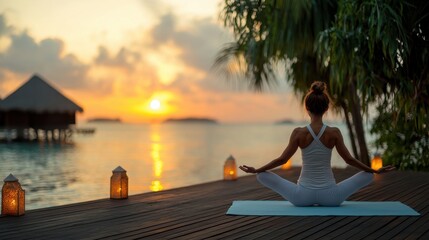 Fototapeta premium Serene Woman in Warrior Pose at Sunset on Deck