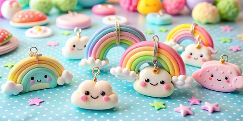 Obraz premium Adorable Kawaii Pastel Rainbow and Cloud Charms with Smiling Faces Perfect for Playful Decor and Colorful Accessories Featuring a Happy Vibe for Food Photography