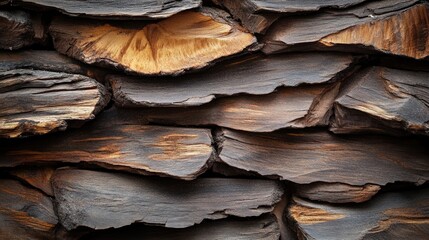 Fototapeta premium Stacked pieces of dark wood with natural textures
