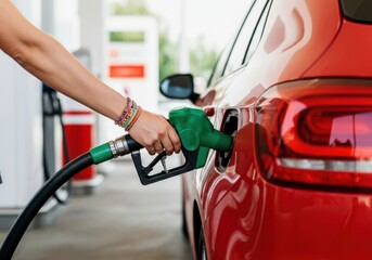 Woman is refueling her red car at a gas station, holding a green fuel pump nozzle