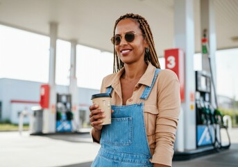 Happy woman enjoying a coffee break during a stop at a gas station
