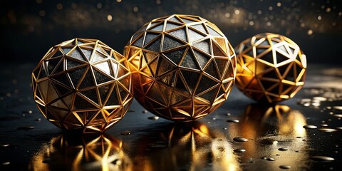 Aerial Photography of Melting Gold Triad: Geometric Art with Globes on Black Canvas, Showcasing Depth and Elegance in Modern Design for Contemporary Art Lovers