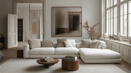 "Cozy and stylish living room interior design featuring a modular white sofa, wooden furniture, artwork on the walls, decorative items, a windowsill, and personal accessories. Perfect for home styling