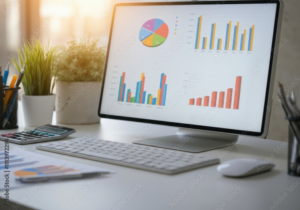 Poster modern workplace showing computer screen displaying colorful charts and graphs, indicating financial