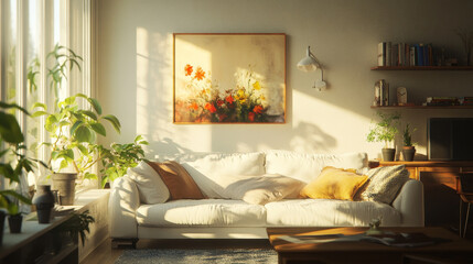 "Cozy and stylish living room interior design featuring a modular white sofa, wooden furniture, artwork on the walls, decorative items, a windowsill, and personal accessories. Perfect for home styling