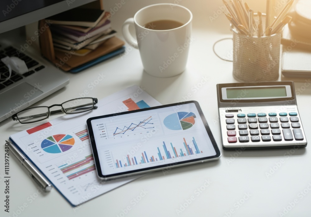 Poster businessman working with financial data on digital tablet, analyzing charts and graphs, using calcul