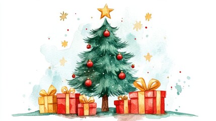 Obraz premium Watercolor Christmas Tree and Presents