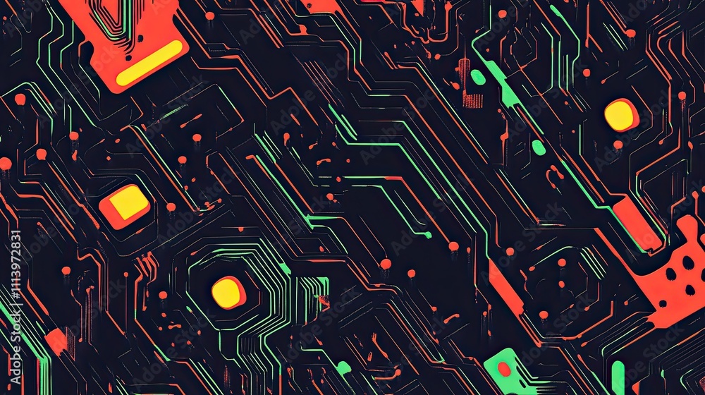 Poster abstract digital art depicting circuit board pattern with vibrant colors and lines.