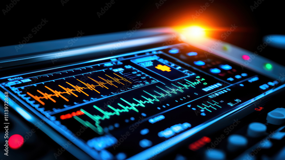 Poster high tech patient monitoring system displaying vital signs and data. screen shows colorful waveforms