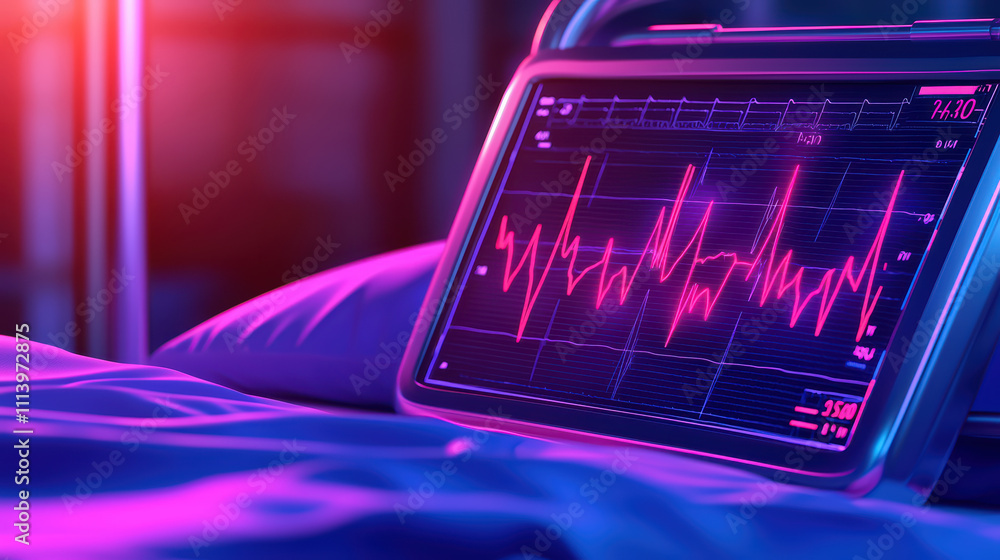 Poster high tech patient monitoring system displaying vital signs on screen, showcasing heart rate and othe