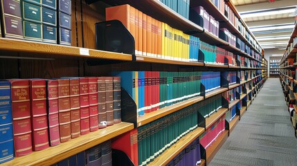 Extensive collection of color-coded books lining library shelves.