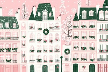 A repeating pattern of white and pink buildings with green trim, a Christmas wreath on each building