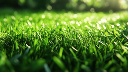 Naklejka premium Vibrant green grass blades closeup, sunlit. Perfect for nature, spring, or environmental themes.