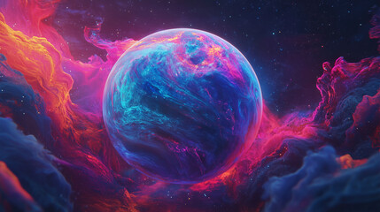 Iridscend planet in space. Fantastic illustration 