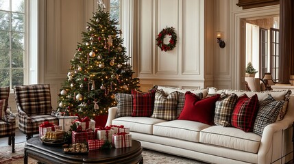 A luxurious living room setting with a chic Christmas tree adorned with string lights and gifts. Plaid and pillows accentuate the inviting sofa against a white and beige backdrop