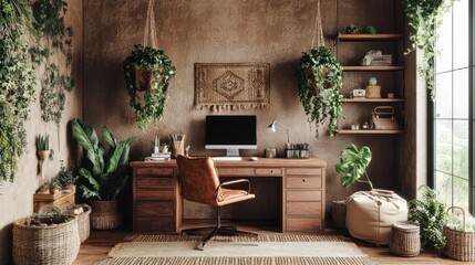 Rustic Home Office Decorated With Abundant Greenery And Wooden Furniture
