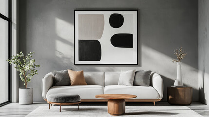 "3D rendering of a modern living room interior with a gray wall and an empty frame mockup for a poster. The scene includes a house background, showcasing minimalist design elements."

