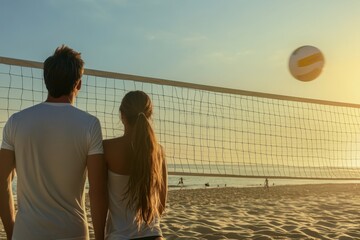 Couple enjoys a sunset while playing beach volleyball at the seaside