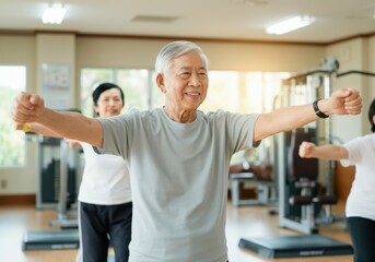 Obraz premium Elderly asian man smiling while participating in a fitness class, promoting health and active aging