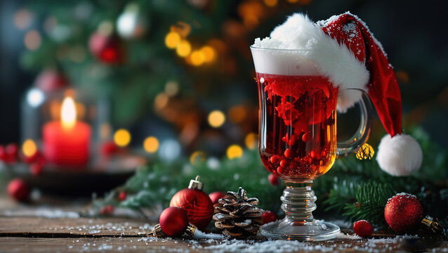 Deliciosa copa de ponche rojo navide&ntilde;o sobre un fondo decorado. Vaso de ponche con un sombrero de Pap&aacute; Noel. Bebida roja de navidad decorada con un gorro de Pap&aacute; Noel.