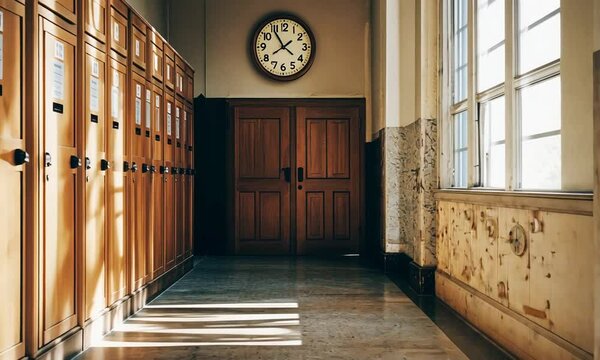 A sunlit hallway with wooden lockers and a clock on the wall, creating a nostalgic atmosphere.