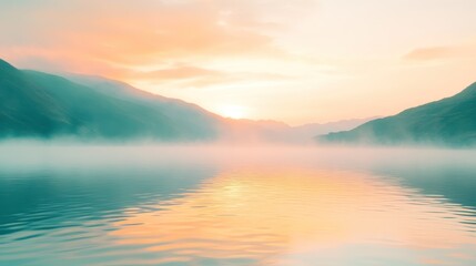 Serene Sunset Over Misty Mountain Lake