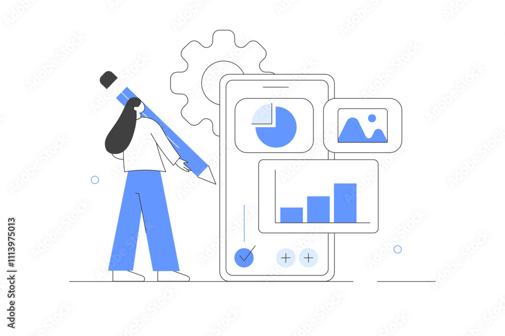 Poster character analyzing data, creating new ideas. business analysis concept. data analysis, audit with m