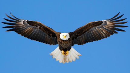 Obraz premium A bald eagle is soaring in the blue sky and wings spread wide