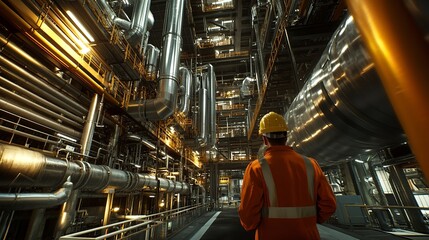 A worker in a safety helmet uses a tablet to monitor operations in a modern industrial facility filled with machinery.