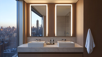 Luxurious bathroom with dual sinks and city view during sunset in modern high-rise building