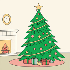 Christma Tree Concept In Winter With Many Gift Boxes