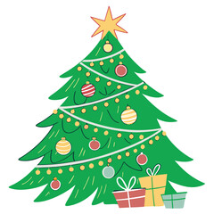 Christma Tree Concept In Winter With Many Gift Boxes