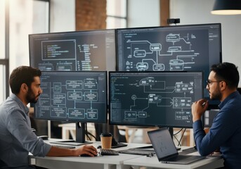Two software developers working together, analyzing code and flowchart on multiple computer screens in a modern office