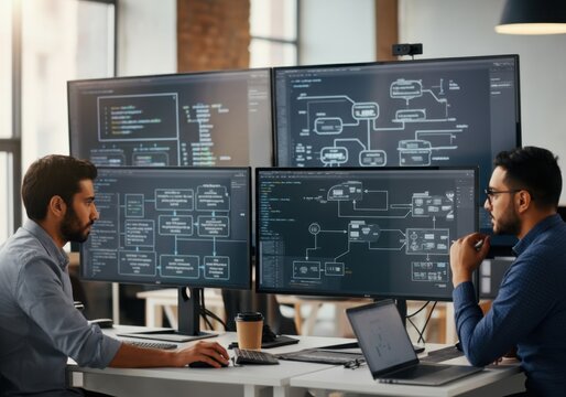 Two software developers working together, analyzing code and flowchart on multiple computer screens in a modern office