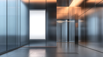Modern lobby with sleek glass walls and elevator access in a contemporary building during daylight